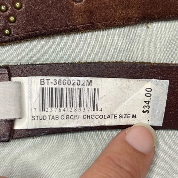 Fossil Brown Leather Studded Belt Silver Buckle Sz M - Picture 7 of 7